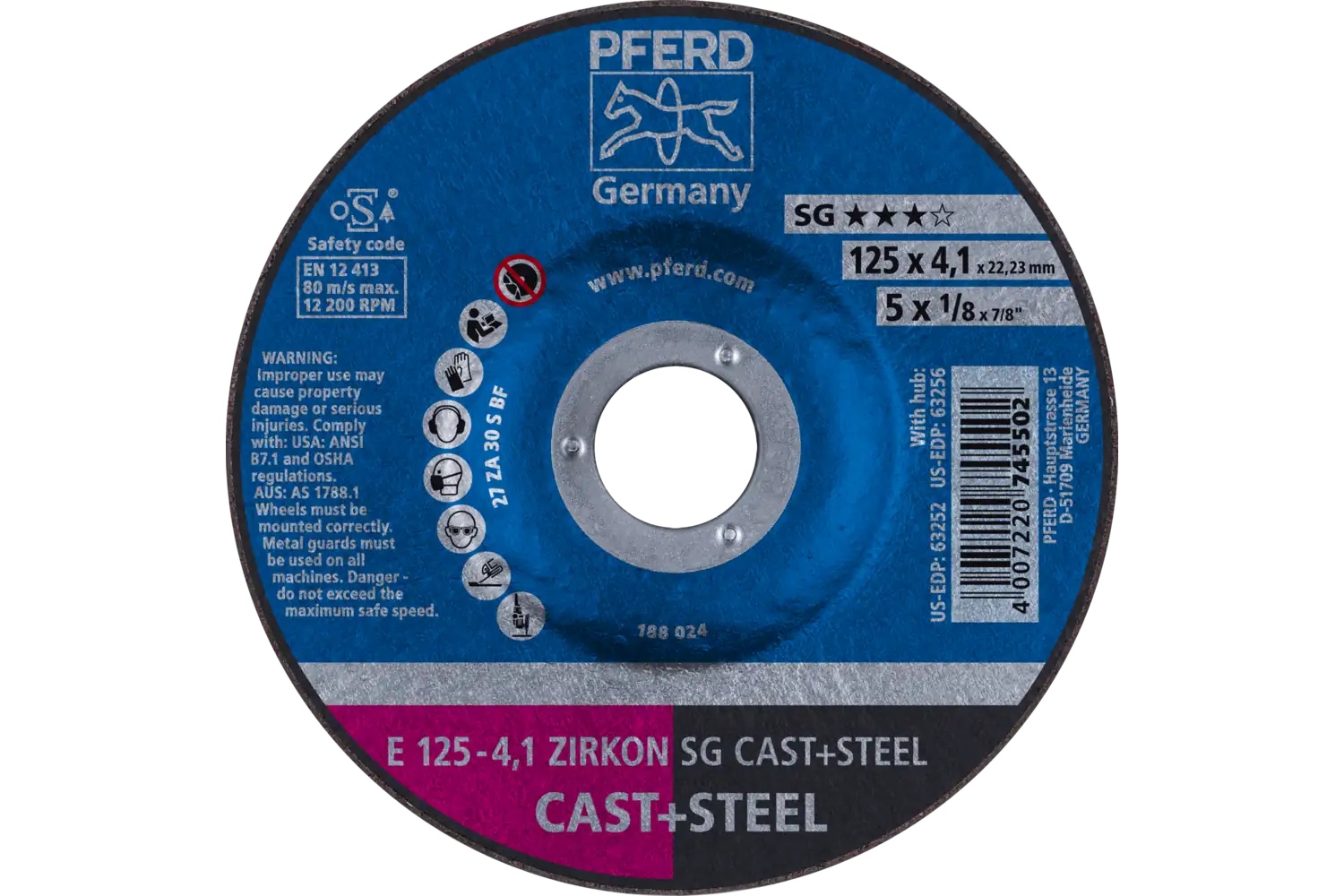 Picture of Pferd Grinding Wheel, 5" X 1/8 X 7/8, Zirkon Sg Cast+Steel, T27, Za, Ao